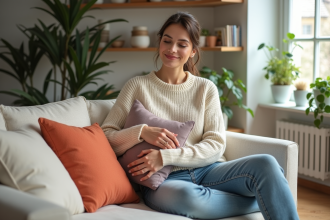 Femme arrangeant des coussins colorés dans un salon lumineux