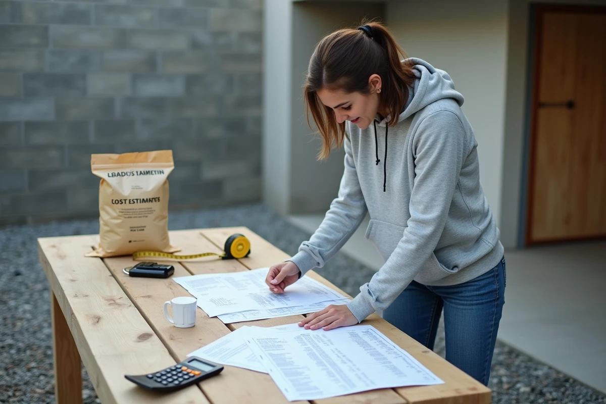 Femme consultant des devis et calculs de coûts pour une dalle béton faite soi-même sur un établi extérieur