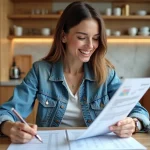 Femme compare des devis de travaux dans sa cuisine rénovée