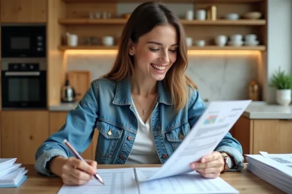 Femme compare des devis de travaux dans sa cuisine rénovée