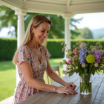 Femme souriante arrangeant des fleurs dans un jardin en été