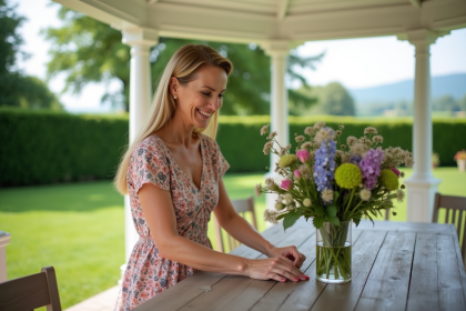 Femme souriante arrangeant des fleurs dans un jardin en été