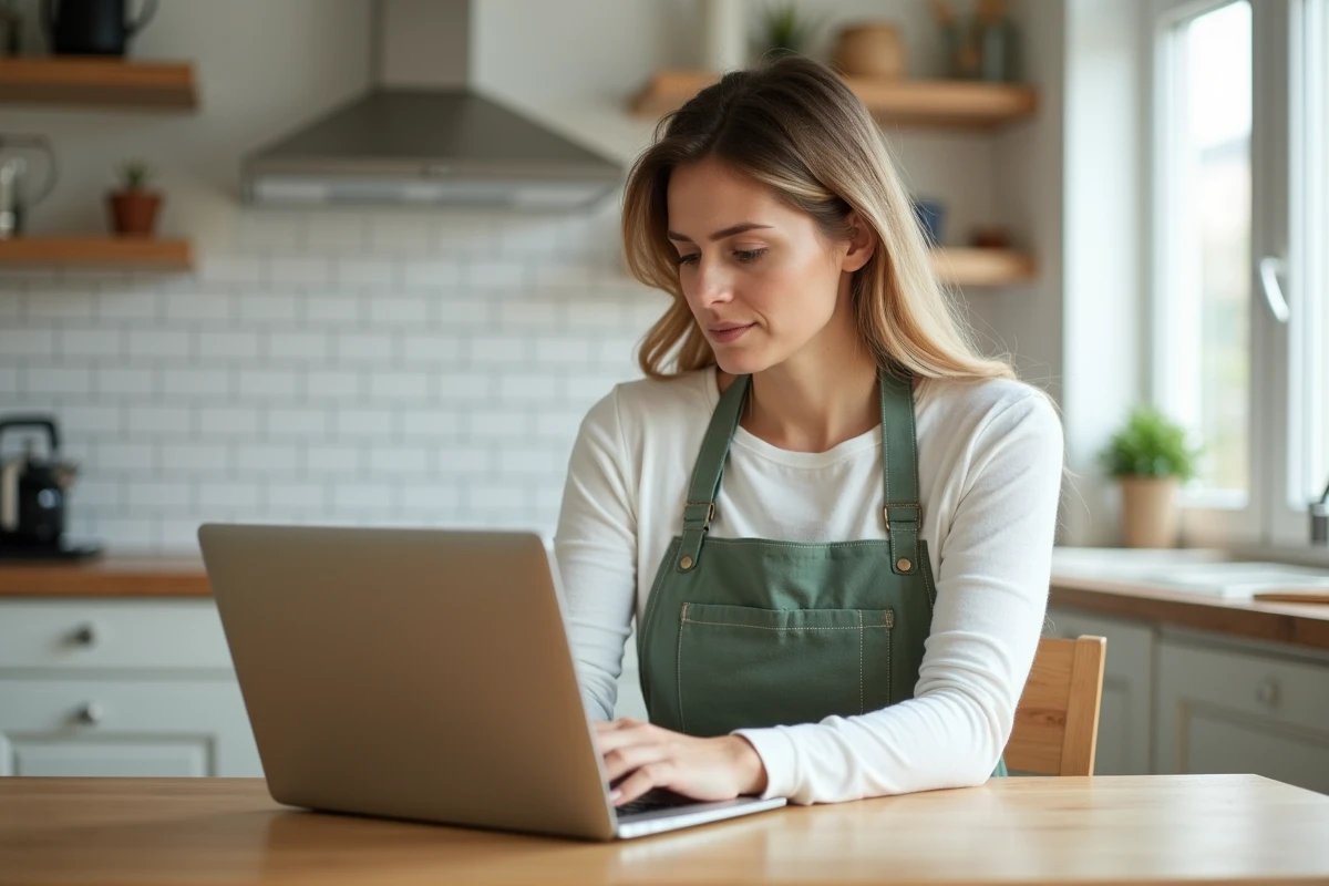 Une femme consultant un forum de bricolage en ligne sur un ordinateur portable dans sa cuisine, avec un projet de montage en cours