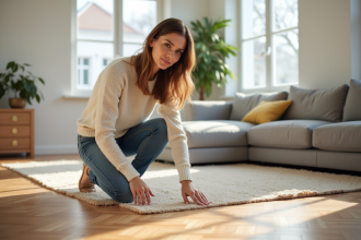 Femme touchant un parquet en chevrons dans un salon lumineux