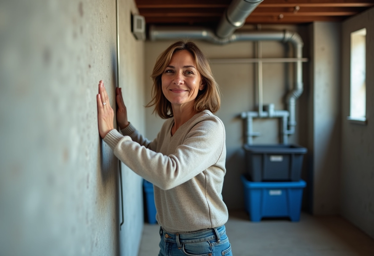 Femme vérifiant un mur de cave sec et traité
