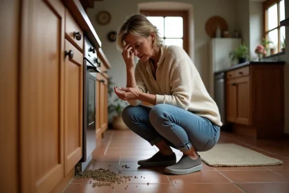 Femme inspectant des larves dans une cuisine rustique