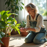 Femme d'âge moyen inspectant une plante d'intérieur