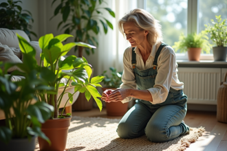 Femme d'âge moyen inspectant une plante d'intérieur