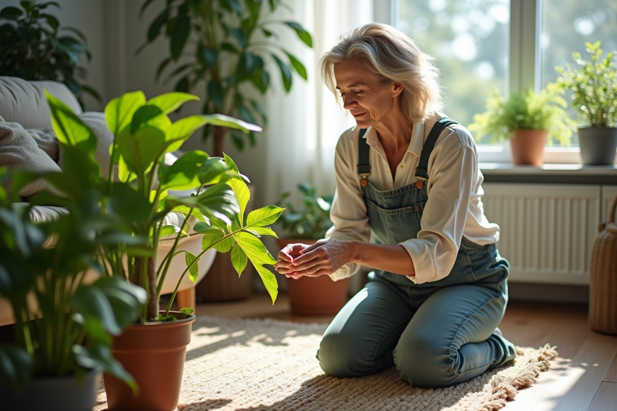 Femme d'âge moyen inspectant une plante d'intérieur