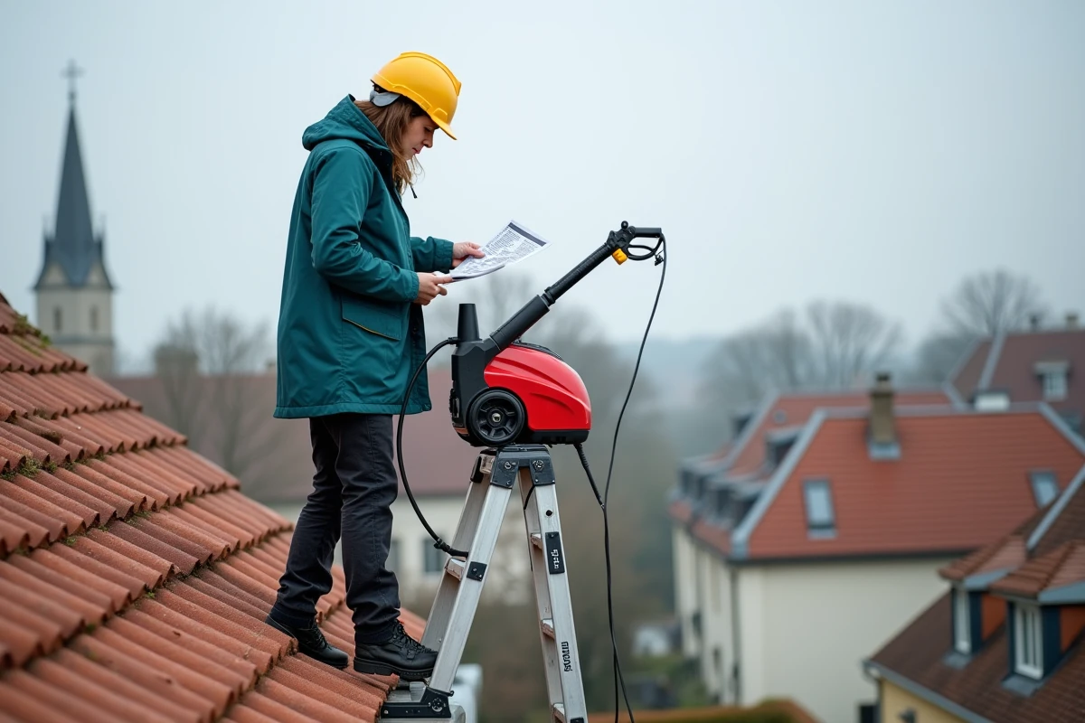 Femme équipée d'un casque de sécurité utilisant un karcher électrique sur une échelle de toit pour nettoyer des tuiles en toute sécurité