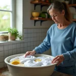Femme lavant des chemises blanches dans un lavabo en céramique