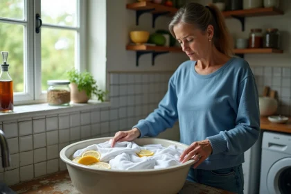 Femme lavant des chemises blanches dans un lavabo en céramique