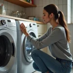 Femme en sweater gris vérifiant la machine à laver