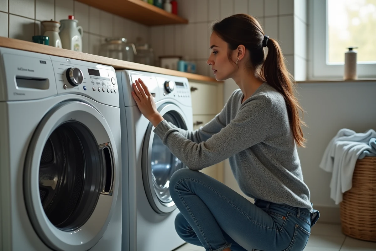 Femme en sweater gris vérifiant la machine à laver