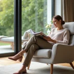 Femme détendue lisant un magazine dans un salon moderne