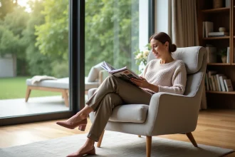 Femme détendue lisant un magazine dans un salon moderne