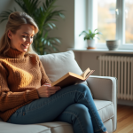 Femme lisant dans un salon chaleureux et moderne