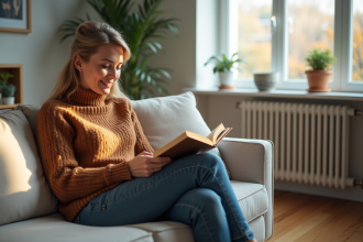 Femme lisant dans un salon chaleureux et moderne