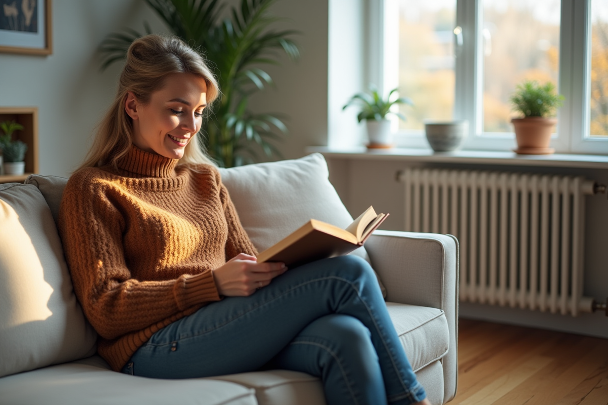 Femme lisant dans un salon chaleureux et moderne