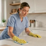 Femme de ménage professionnelle en uniforme bleu nettoyant un plan de travail dans une cuisine moderne à Challans