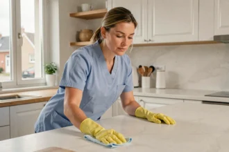 Femme de ménage professionnelle en uniforme bleu nettoyant un plan de travail dans une cuisine moderne à Challans