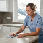 Femme de ménage professionnelle nettoyant une cuisine moderne avec vue sur les Alpes en Haute-Savoie