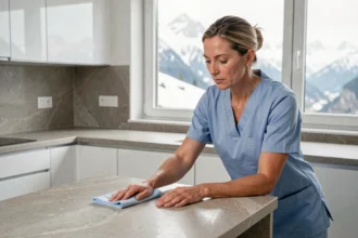 Femme de ménage professionnelle nettoyant une cuisine moderne avec vue sur les Alpes en Haute-Savoie