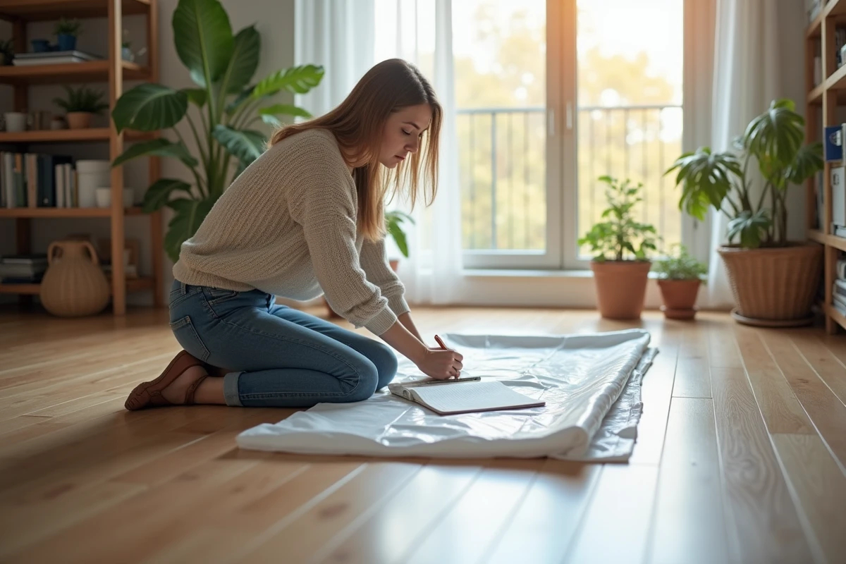 Femme prenant des mesures d une bâche plastique à l intérieur