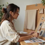 Femme en train de composer un moodboard déco avec des échantillons de tissu et de peinture sur un bureau en bois