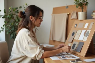 Femme en train de composer un moodboard déco avec des échantillons de tissu et de peinture sur un bureau en bois