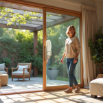Femme dans un salon moderne ouvrant une porte vers la pergola extérieure