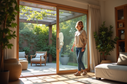 Femme dans un salon moderne ouvrant une porte vers la pergola extérieure