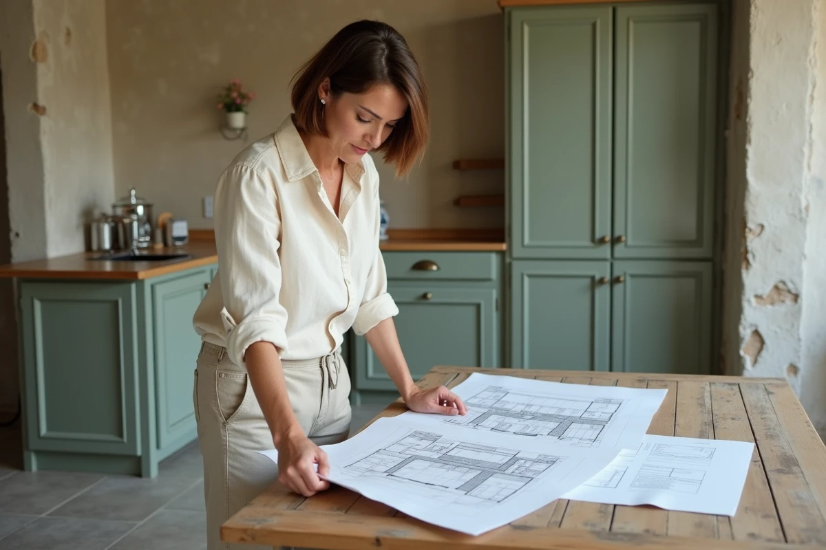 Femme consultant des plans de rénovation dans un logement ancien en cours de transformation moderne