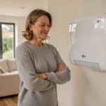 Femme satisfaite debout à côté d'une pompe à chaleur LG murale dans un salon moderne et lumineux