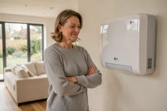 Femme satisfaite debout à côté d'une pompe à chaleur LG murale dans un salon moderne et lumineux