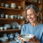 Femme en pull bleu examinant une assiette en poterie Soufflenheim