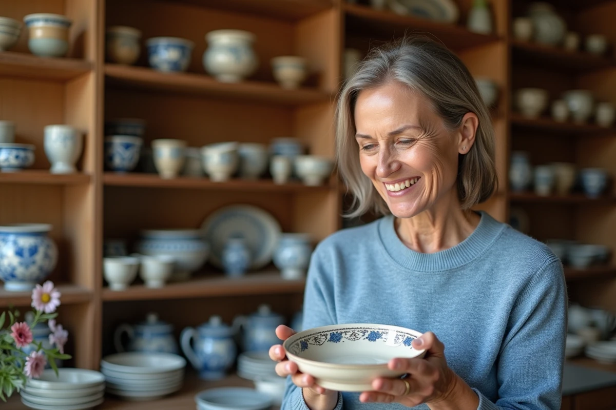 Femme en pull bleu examinant une assiette en poterie Soufflenheim