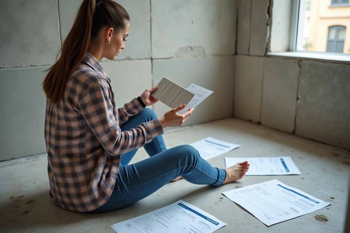 Jeune femme compare des carreaux dans une salle de bain en rénovation