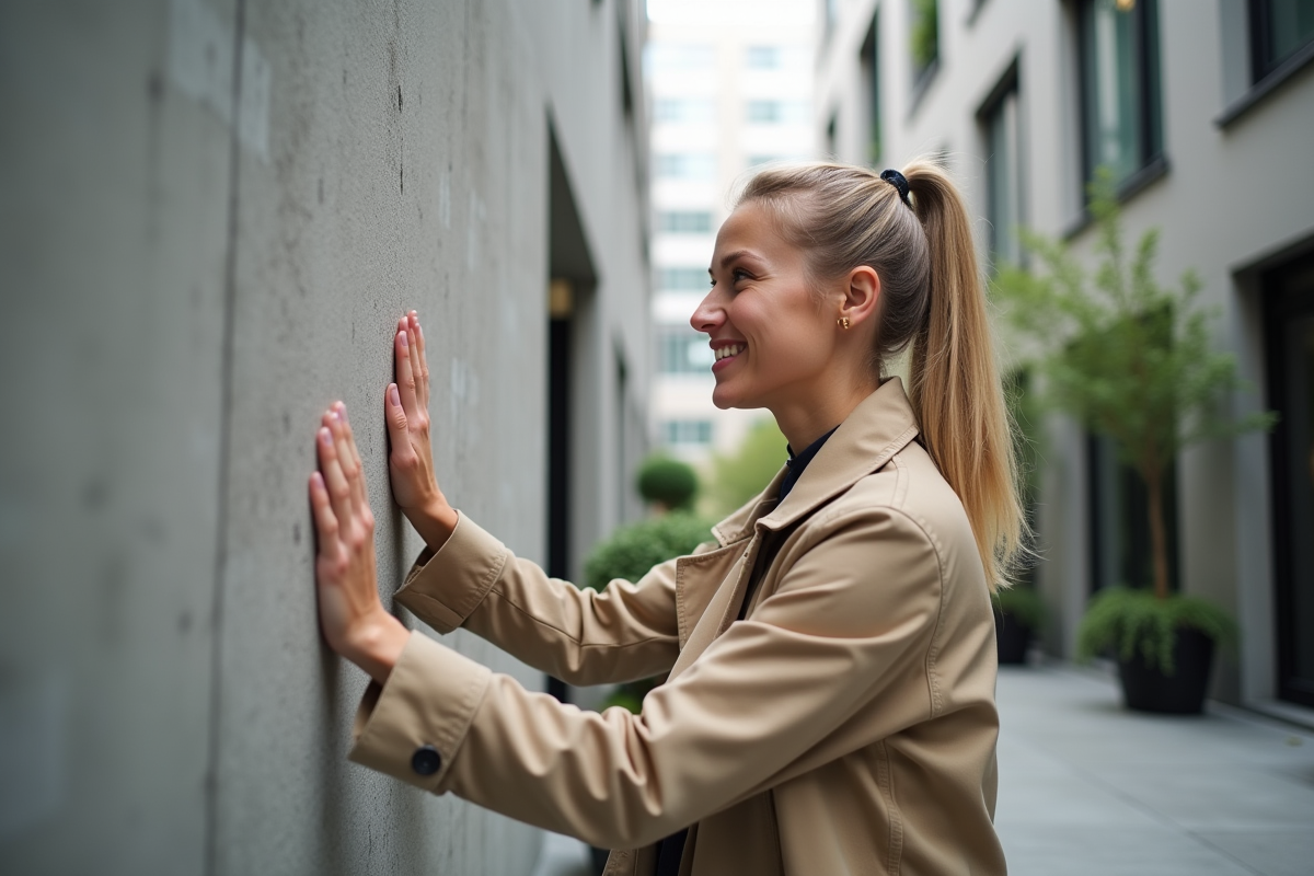 Jeune femme touchant un mur en béton imperméabilise