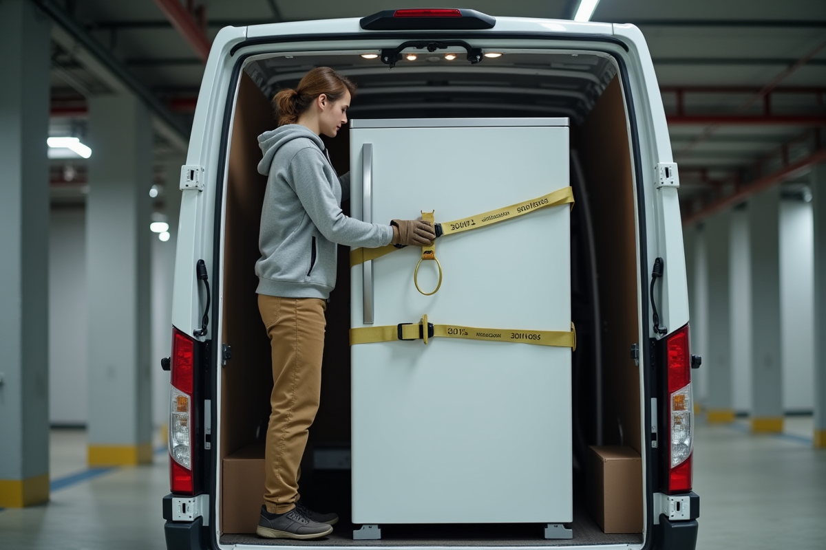 Femme sécurisant un réfrigérateur dans un garage de déménagement