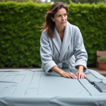 Femme en robe grise ferme le spa extérieur dans le jardin