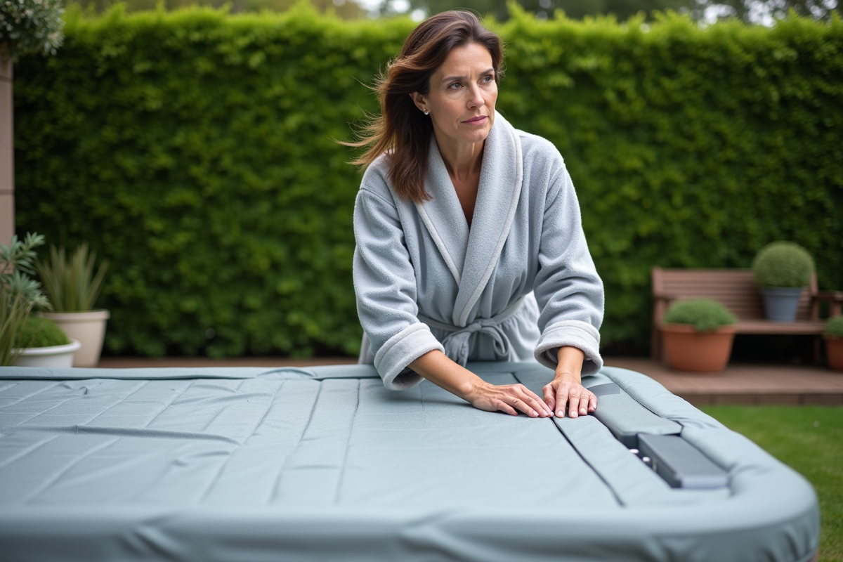 Femme en robe grise ferme le spa extérieur dans le jardin