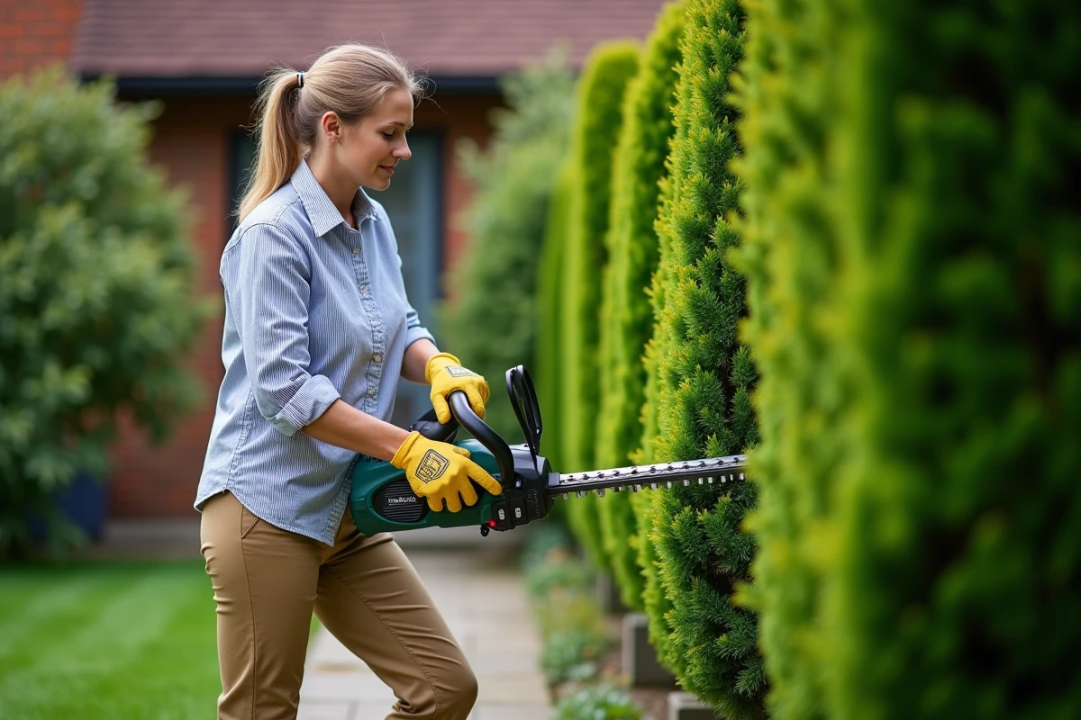 Femme taillant une haie avec un taille-haie électrique Parkside dans un jardin