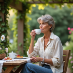 Femme en blouse de lin et jeans détendus dans un jardin