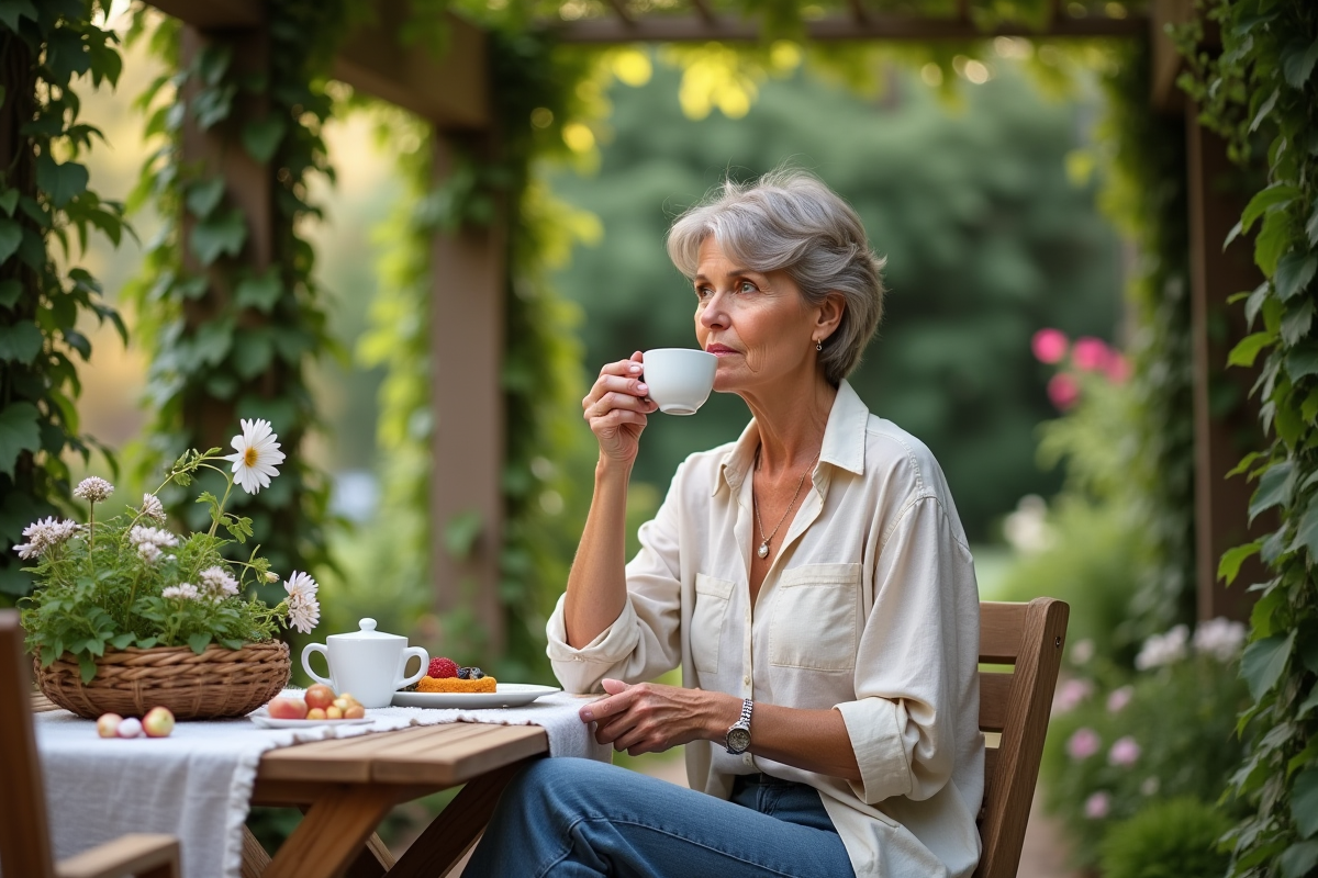 Femme en blouse de lin et jeans détendus dans un jardin
