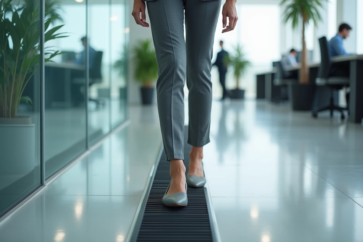 Jeune femme marchant sur un câble de protection dans un bureau moderne