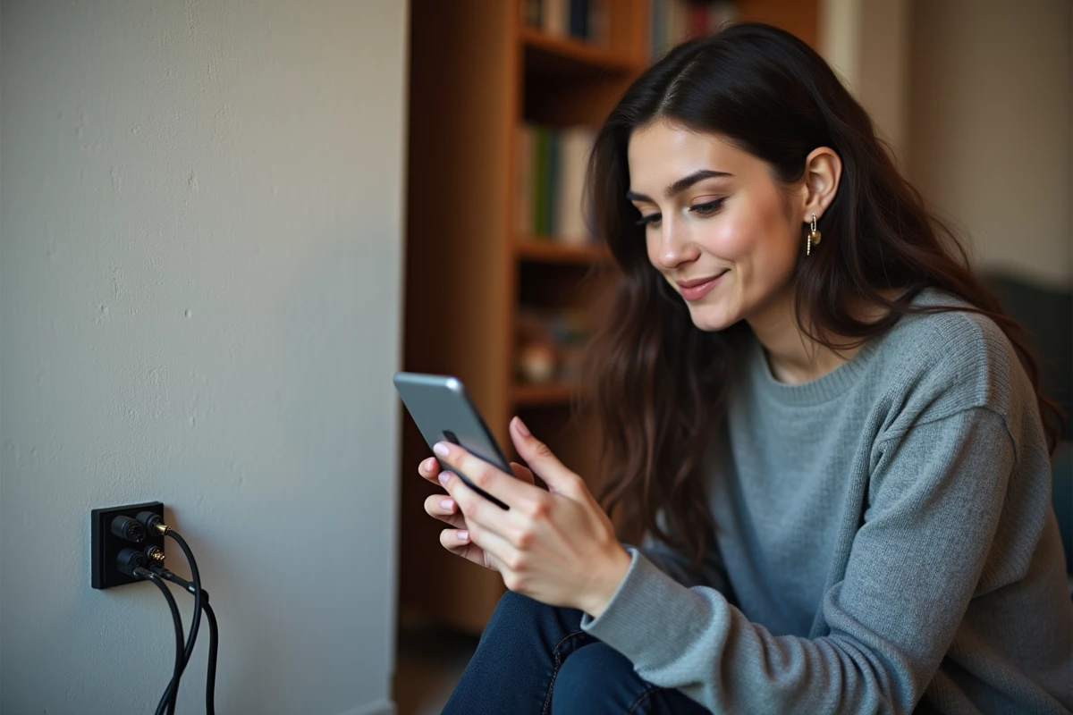 Jeune femme vérifiant câbles coaxiaux avec smartphone dans appartement