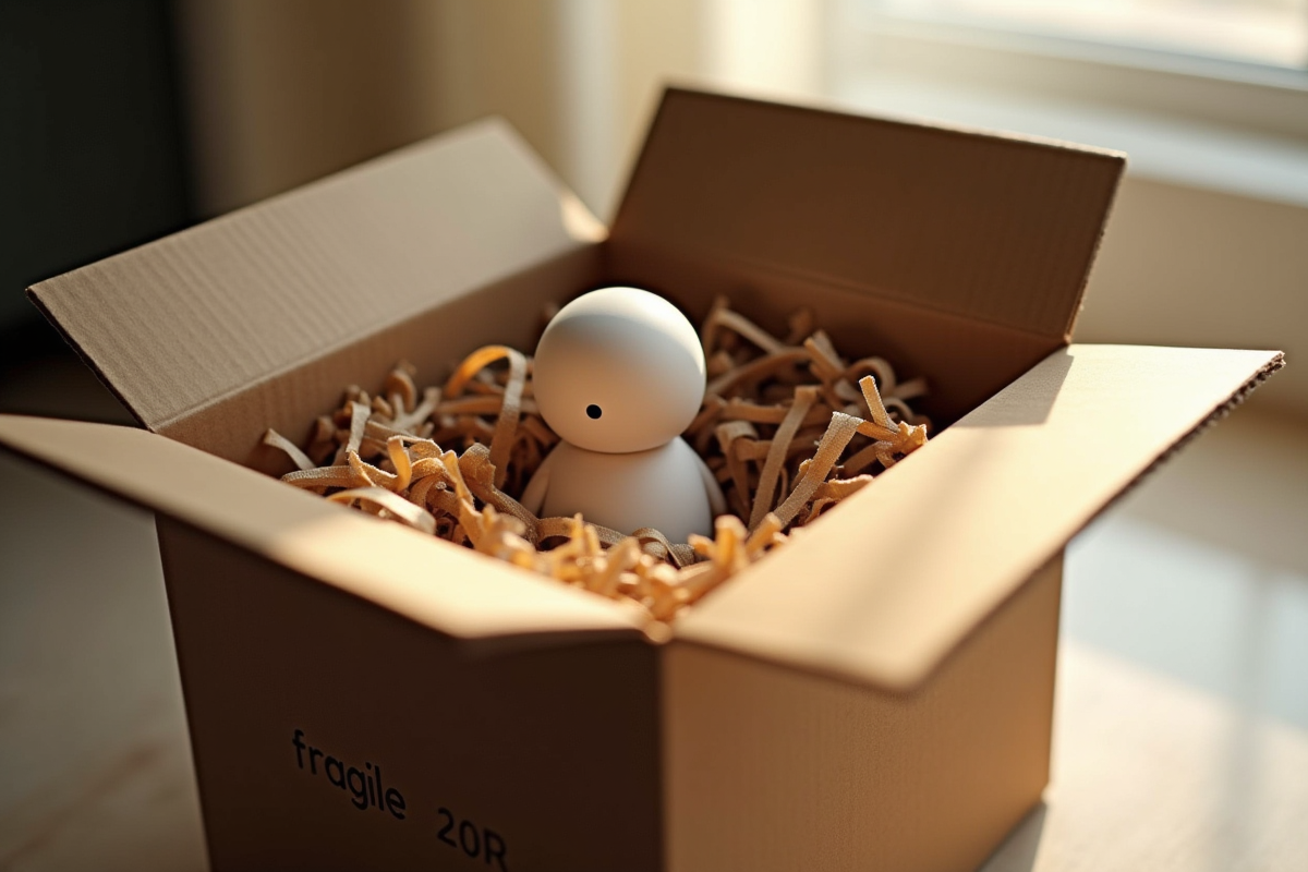 Figurine fragile dans une boîte en carton avec papier de rembourrage