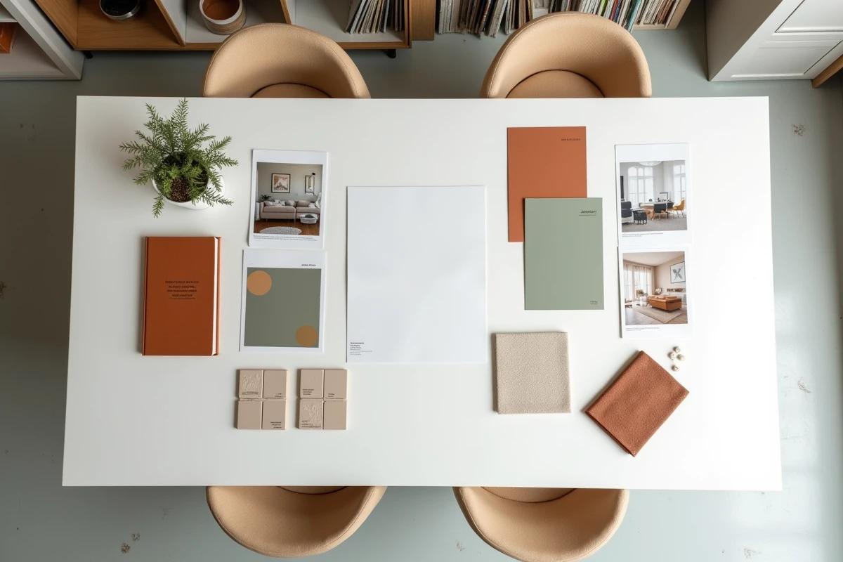 Vue aérienne d'un moodboard décoratif avec échantillons de couleurs, tissus et carreaux céramique disposés sur une table en bois clair