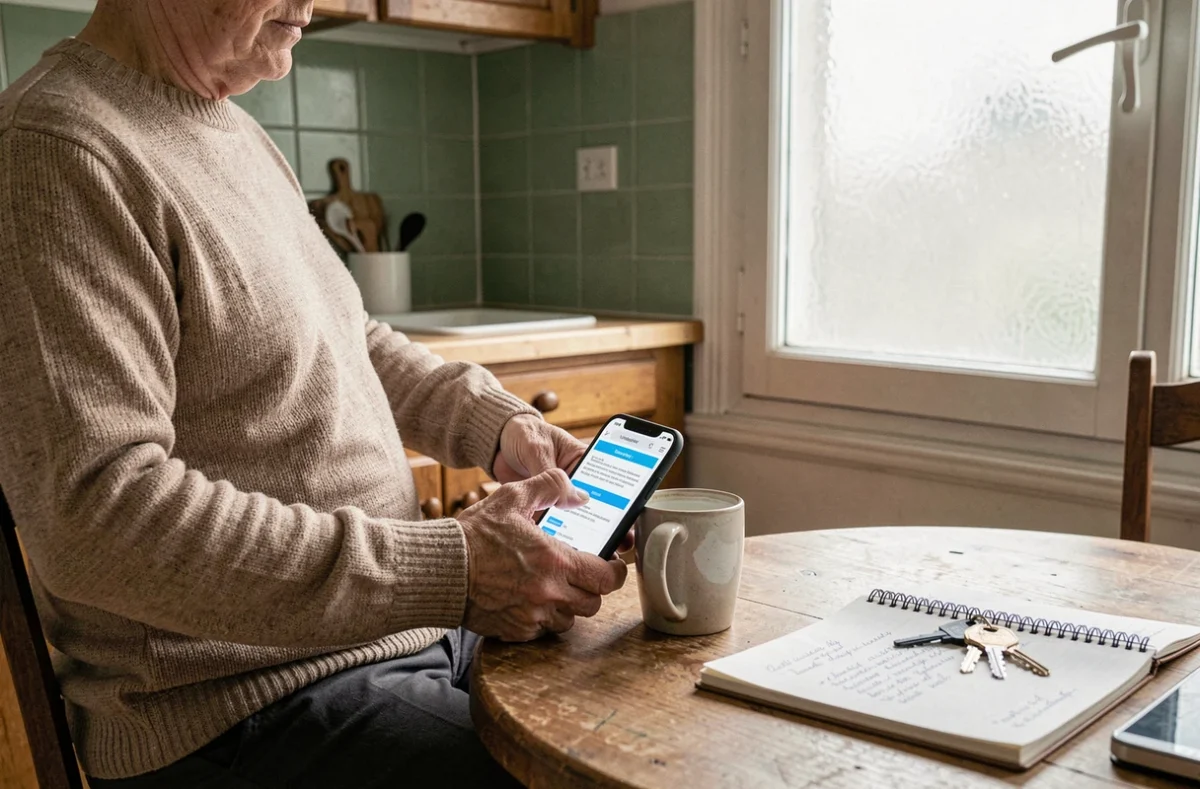 Personne remplissant un formulaire de déclaration d'encombrants en ligne sur smartphone dans une cuisine parisienne